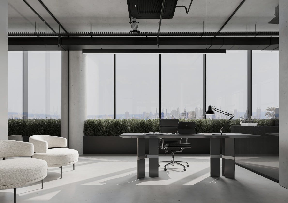 Glowing Tower Office view with modern architecture and modern furniture!