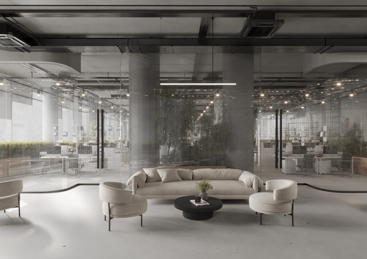 Glowing Tower Reception with a view on the other side with cool PCs