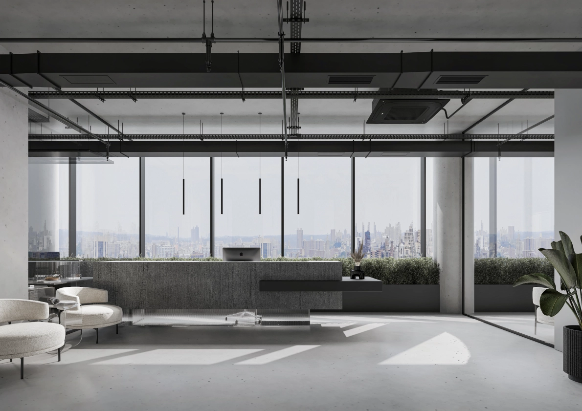 Glowing Tower Office view with modern architecture and modern furniture!