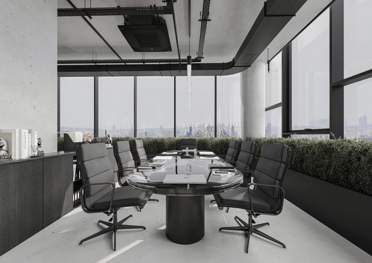 Glowing Tower Office view with modern architecture and modern furniture!