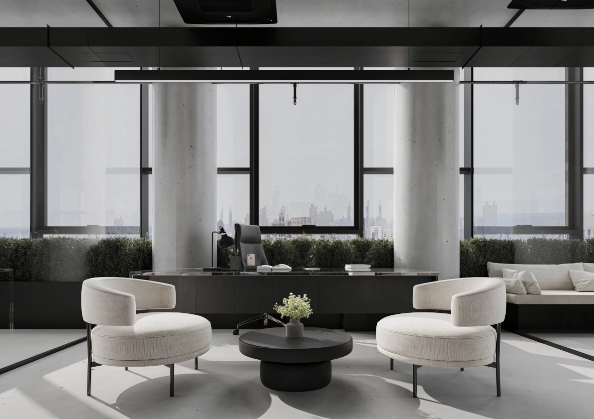 Glowing Tower Office view with modern architecture and modern furniture!