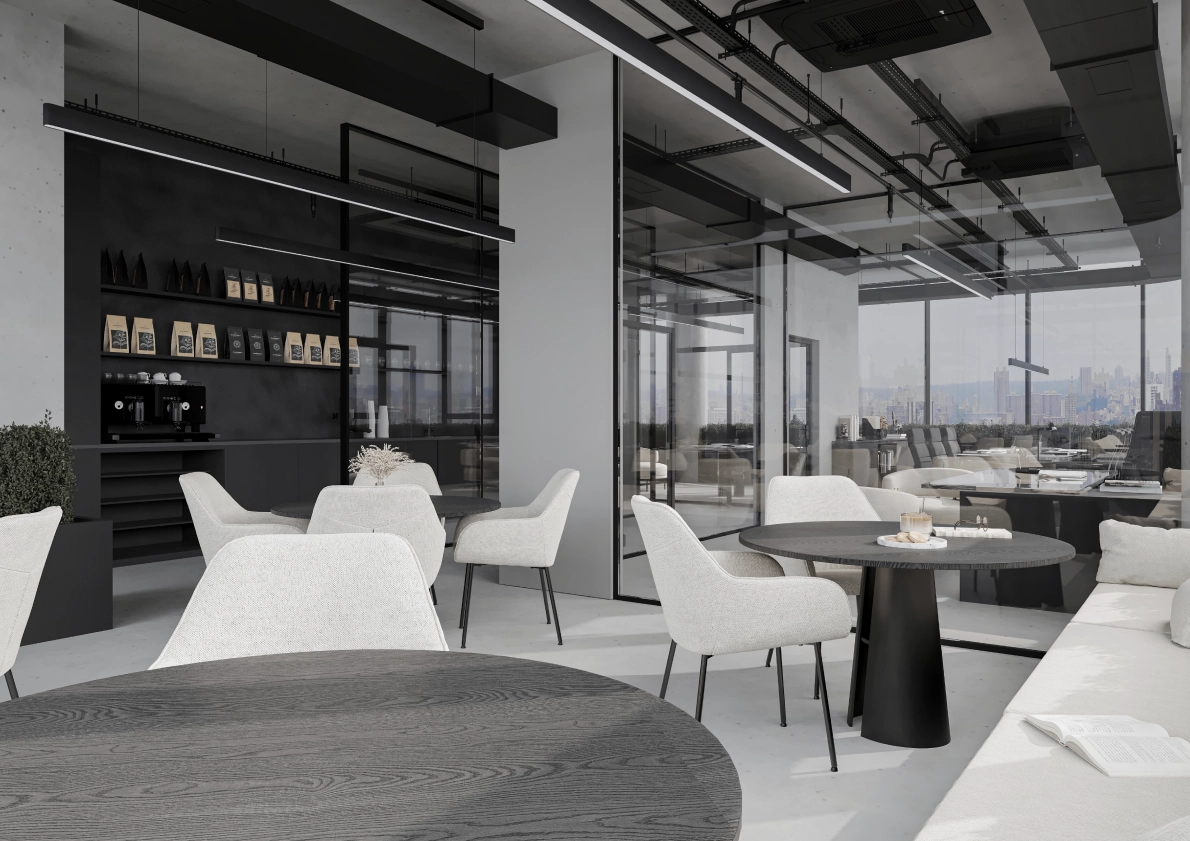 Glowing Tower Office view with modern architecture and modern furniture!