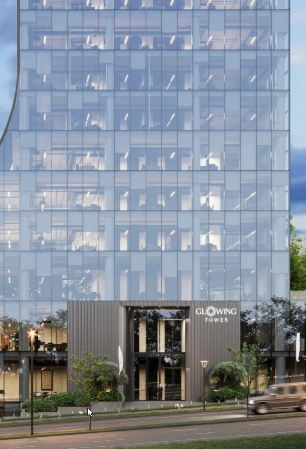 Exterior view of the Glowing Tower building in Prishtina